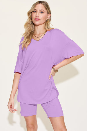 Lavender relaxed tee and biker short loungewear set with v-neck and short sleeves.