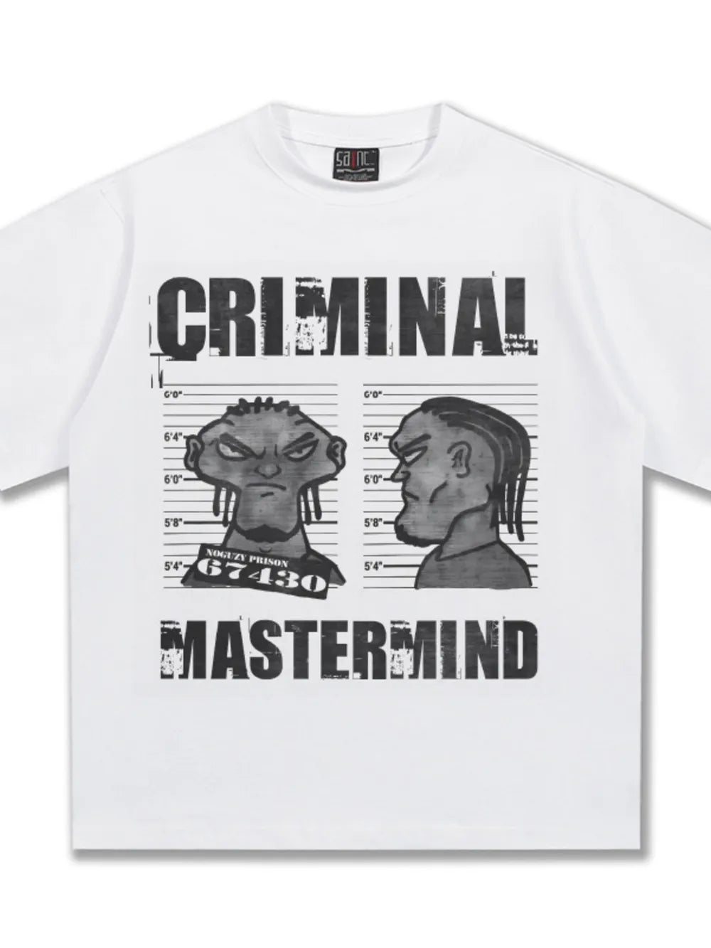White cotton graphic tee with bold cartoon print and oversized fit.