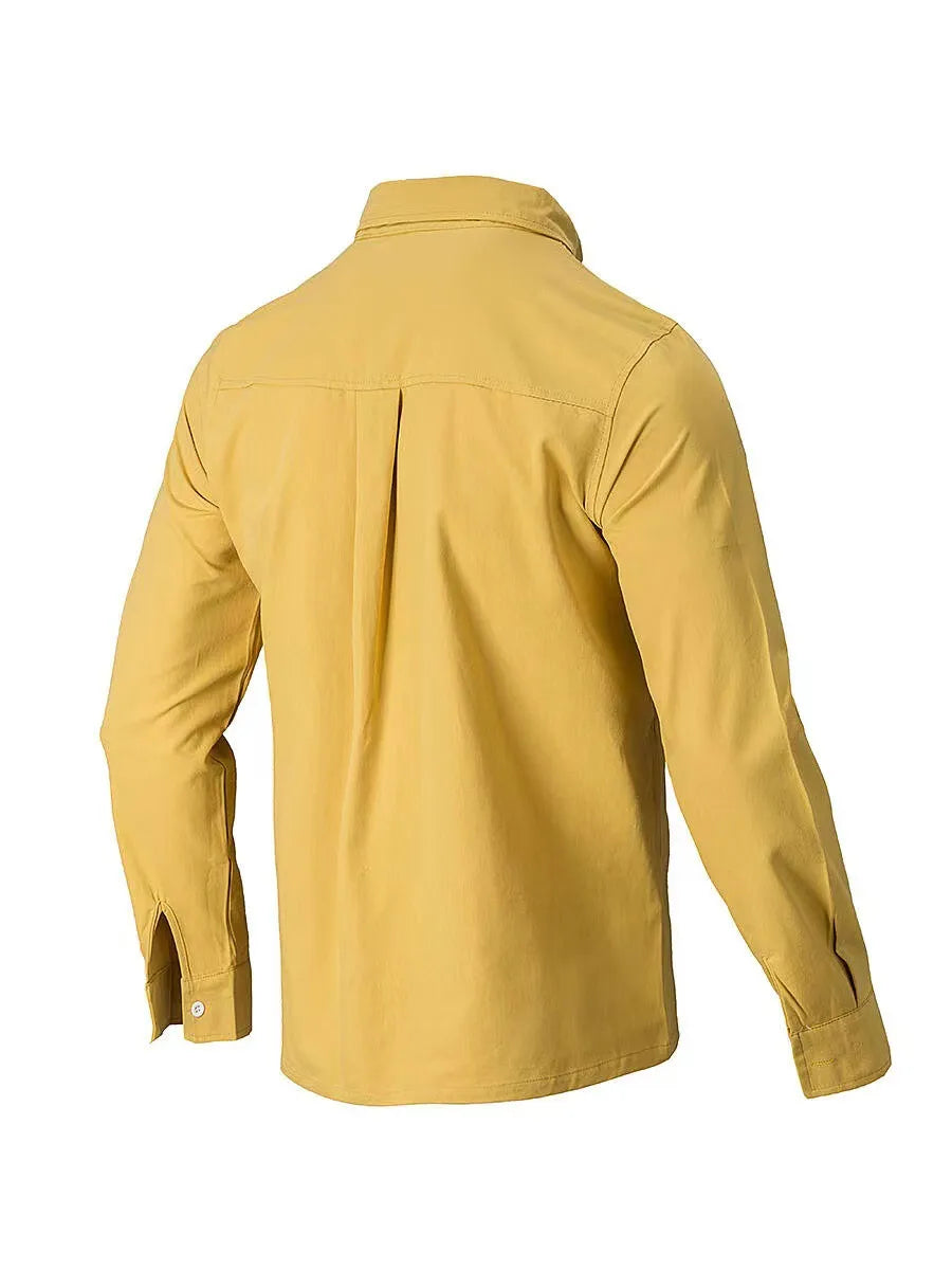 Gold Oxford button-down shirt with relaxed fit and back pleats.