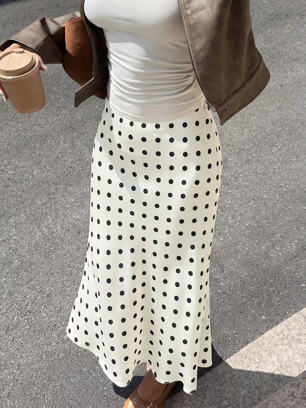 Polka Dot Midi Skirt in Orange-red, close-up detail