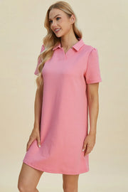 Pink textured V-neck short sleeve mini dress with geometric pattern