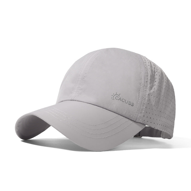 Grey perforated baseball cap with curved brim and logo detail