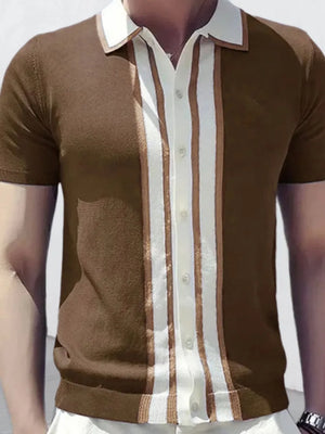 Brown knitted polo shirt with vertical white and tan stripes, short sleeves, and a white collar.