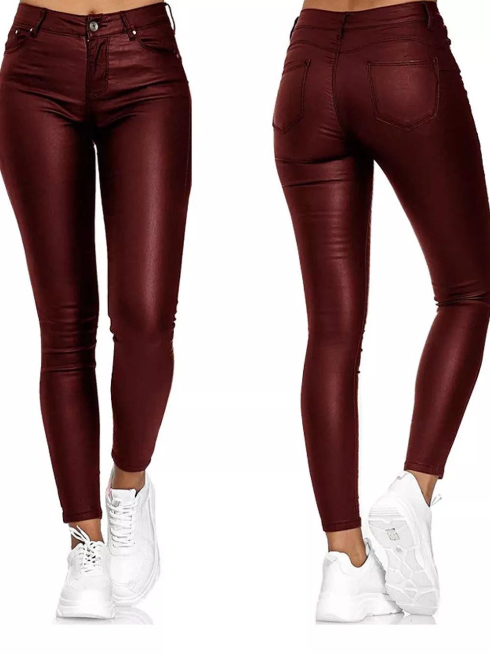 High-waisted red faux-leather skinny pants shown front and back.