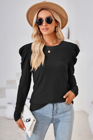 Black textured puff-sleeve crew neck top with diamond pattern