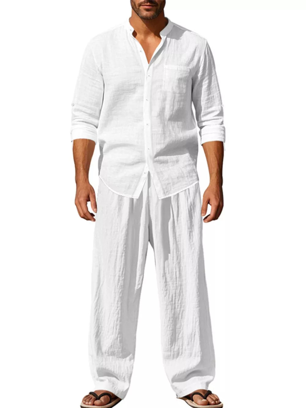 Men's white linen blend casual two-piece set with band collar shirt and wide-leg pants.