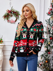 Festive Fair Isle button-up cardigan in black with reindeer, snowman, and Christmas tree pattern.