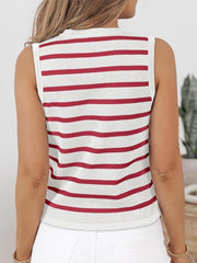 Button-front knit top in red and white Breton stripes, sleeveless.