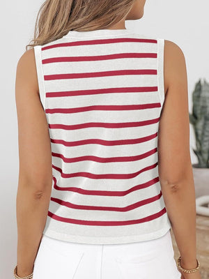 Button-front knit top in red and white Breton stripes, sleeveless.