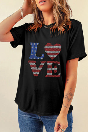 Black cotton tee with rhinestone American flag LOVE graphic
