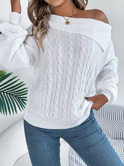 White off-shoulder cable knit sweater with a relaxed fit and wide neckline.