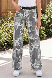 Camo Pattern Cotton Denim Shift Jeans in Sage, front view