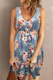Floral button-down sleeveless midi dress in Misty Blue with rose print and elastic waist