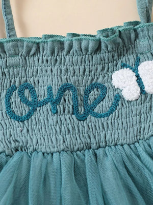 Sea blue smocked baby bodysuit with embroidered "one" and butterfly detail