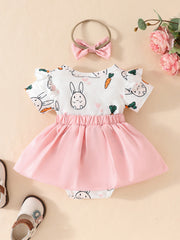 Baby dress with bunny and carrot print, pink skirt, ruffle sleeves, and matching bow headband.