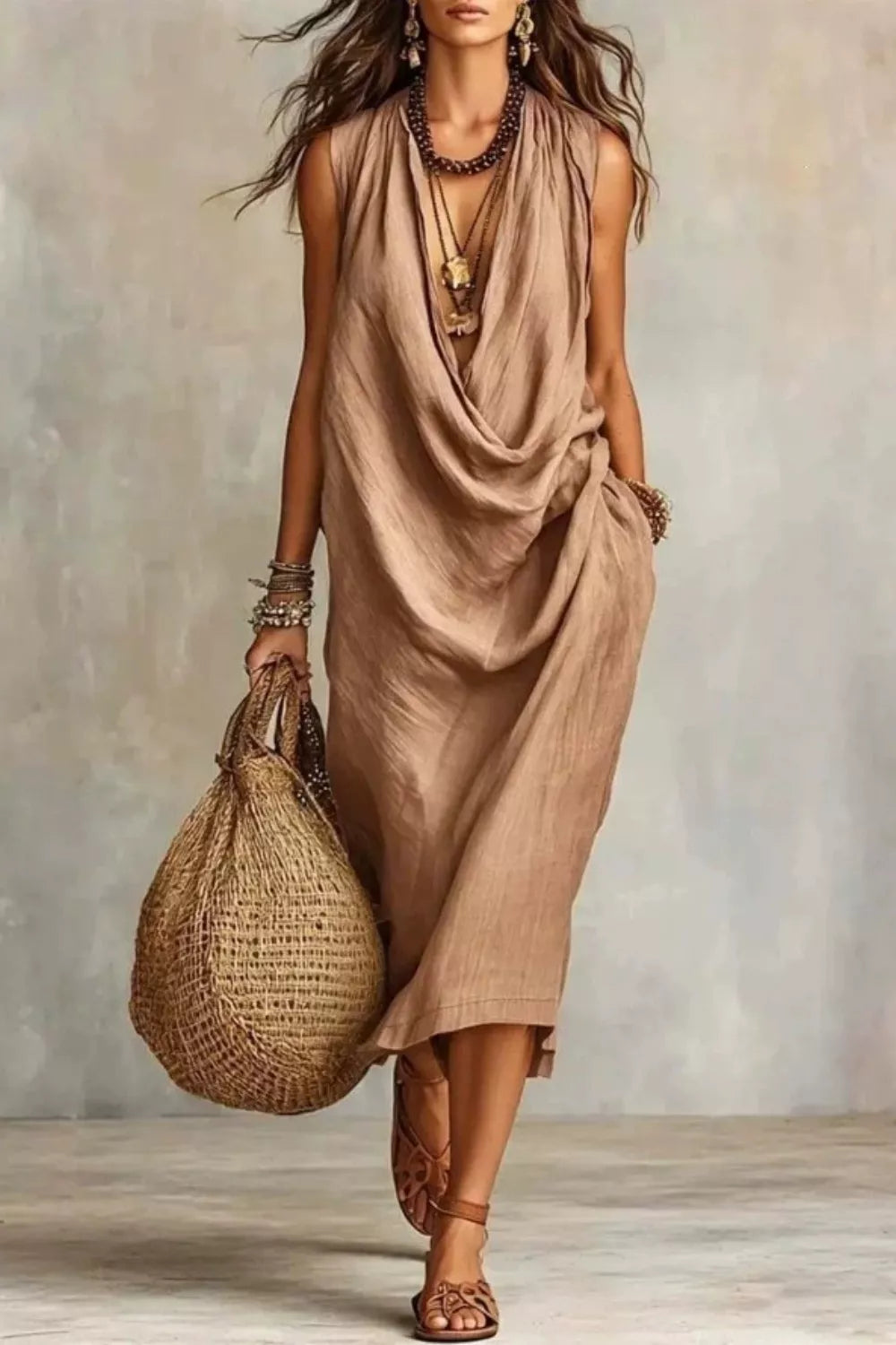 Tan cowl neck midi dress with pockets and a draped neckline.