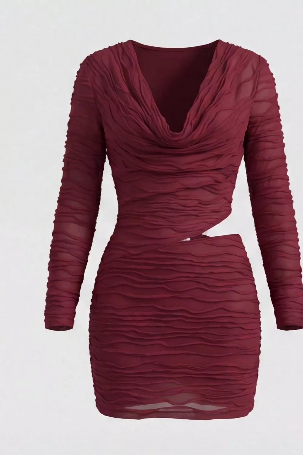 Ruched Cutout Cowl Neck Mini Dress, model styling view