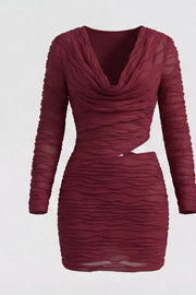 Ruched Cutout Cowl Neck Mini Dress, model styling view