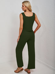 Black Forest cropped tank and palazzo pant set with square neckline.
