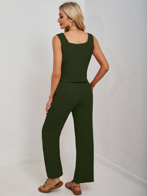 Black Forest cropped tank and palazzo pant set with square neckline.
