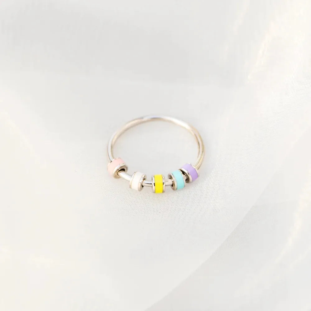 Sterling silver ring with pastel chromatic beads, boho style