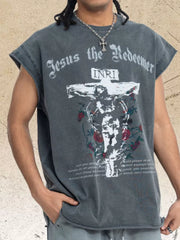 Dark gray cotton graphic tank top for men with Jesus the Redeemer print and raw hem.