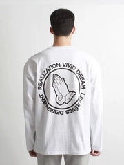 White long sleeve t-shirt with black praying hands graphic and text on back.