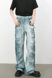 Bleached denim utility trousers in medium with multiple cargo pockets and a relaxed fit.