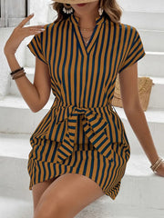 Brown striped mini dress with self-tie waist and short sleeves.