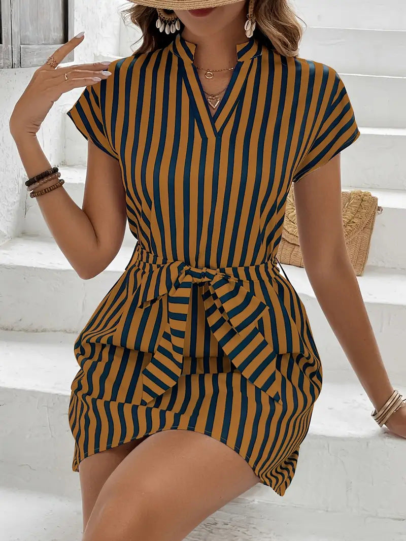 Brown striped mini dress with self-tie waist and short sleeves.