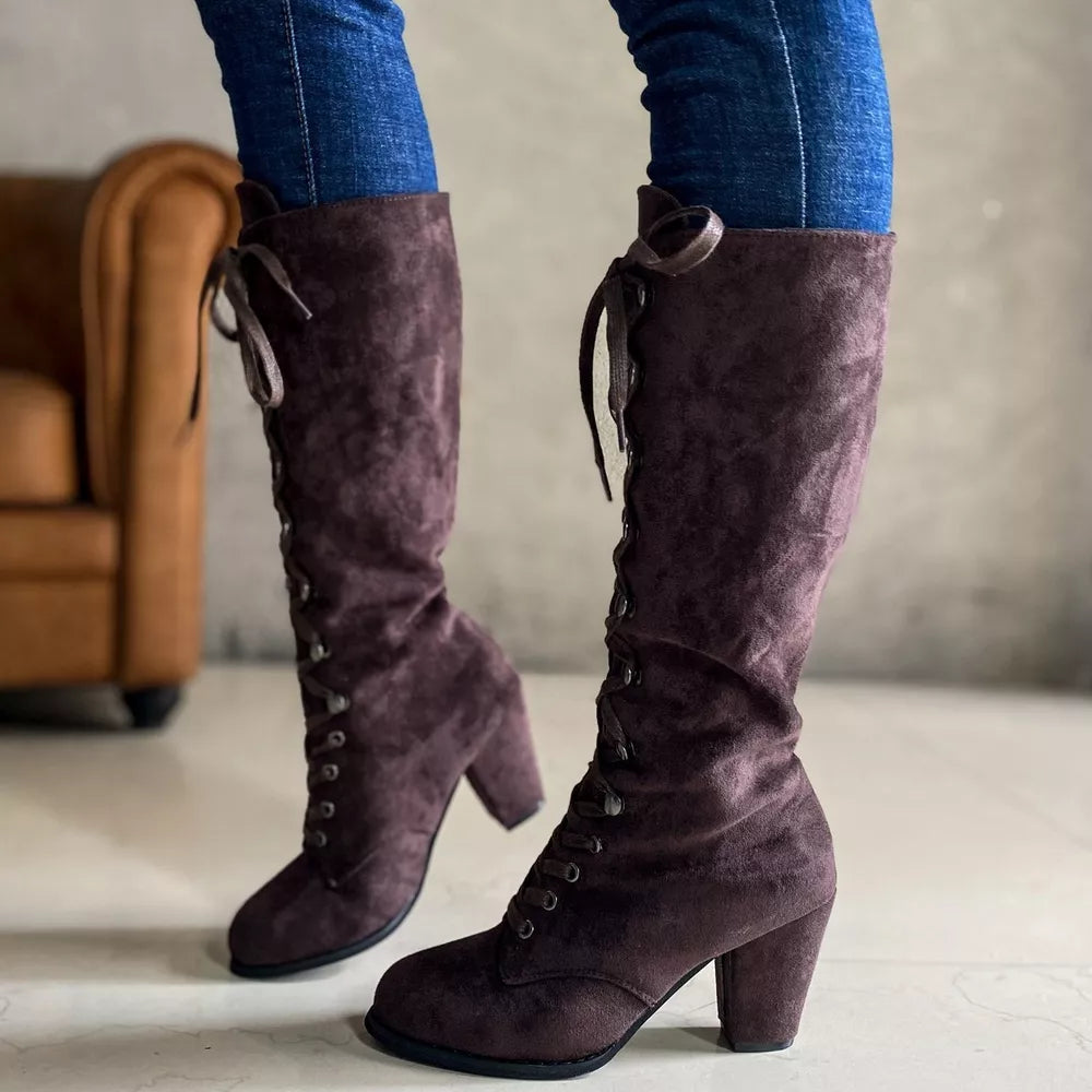 Brown suede lace-up block heel boots with tie detail