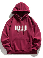 Wine Red casual hoodie with drawstring and front pocket, featuring white text graphic.