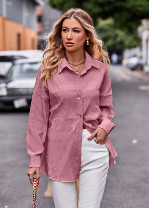 Dusty pink textured overshirt with relaxed fit and buttoned front, styled with white pants.