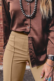 High Waist Full Length Regular Fit Pants in Tan, alternate angle