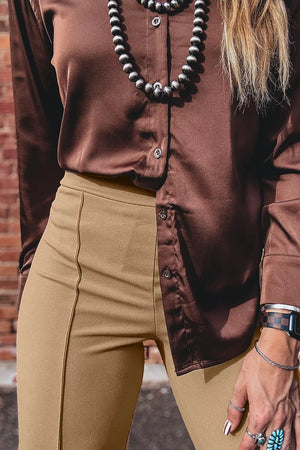 High Waist Full Length Regular Fit Pants in Tan, alternate angle