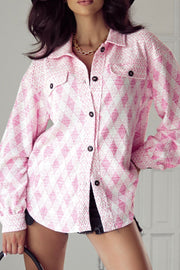 Pink diamond weave shacket with puff sleeves and buttoned front