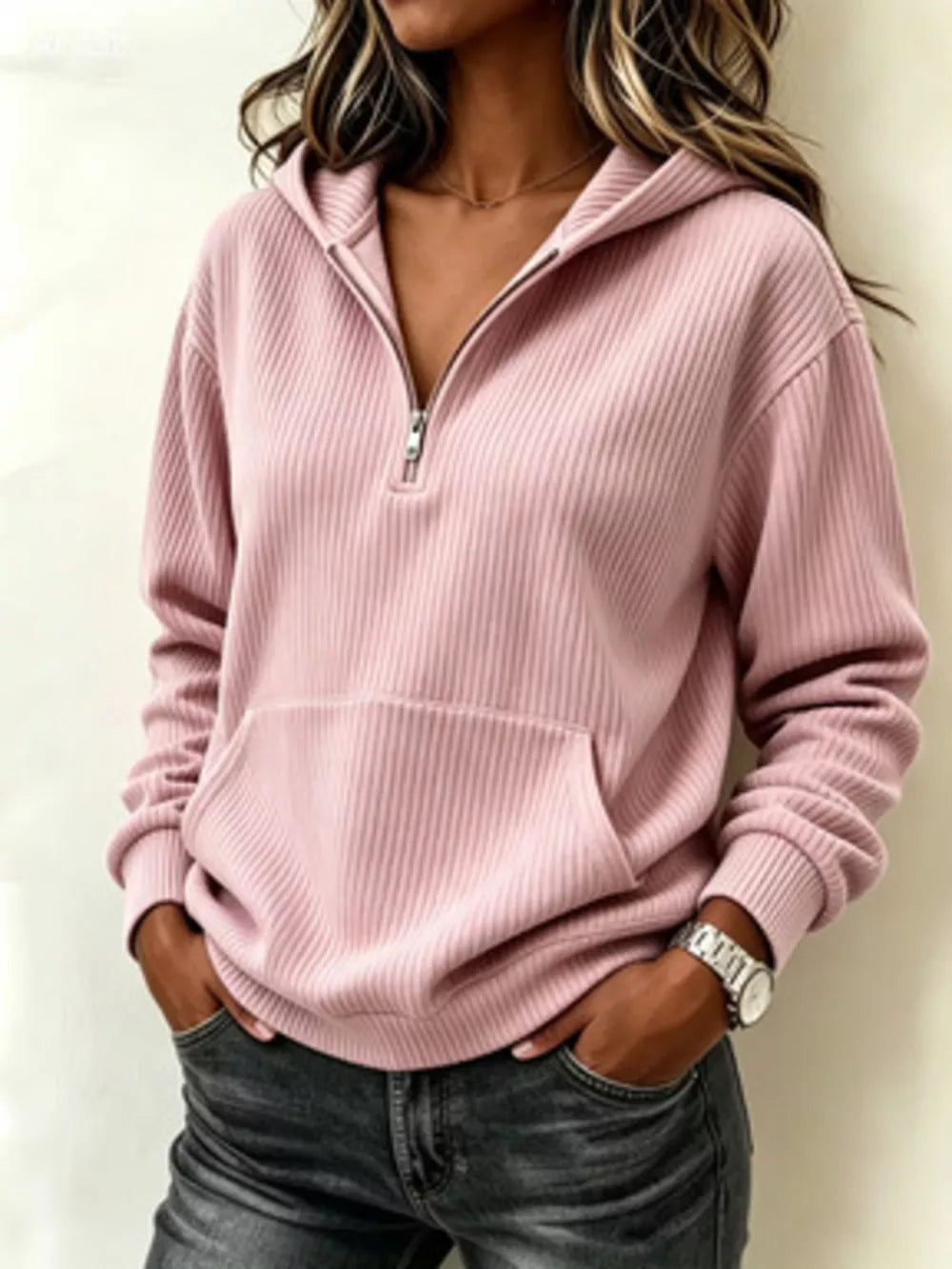 Pink relaxed zip hoodie with hooded