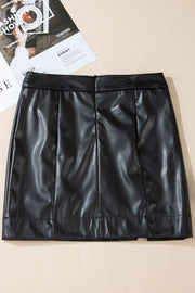 Black faux leather mini skirt with asymmetric slit and pleats