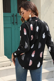 Black feather print button-down shirt with silk-touch feel