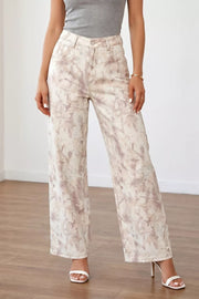 Abstract beige high-waisted wide-leg cotton jeans with a tie-dye pattern.