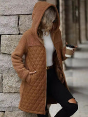 Caramel teddy and quilted hybrid coat with hood and zipper.
