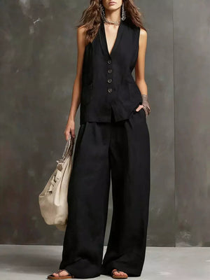 Sleeveless Buttoned Vest And Wide-leg Pants Set, alternate angle