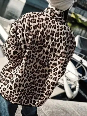 Leopard print quilted kimono jacket with pockets, shown from the back.
