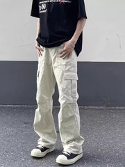 Men's relaxed fit beige cotton cargo pants with multiple pockets.