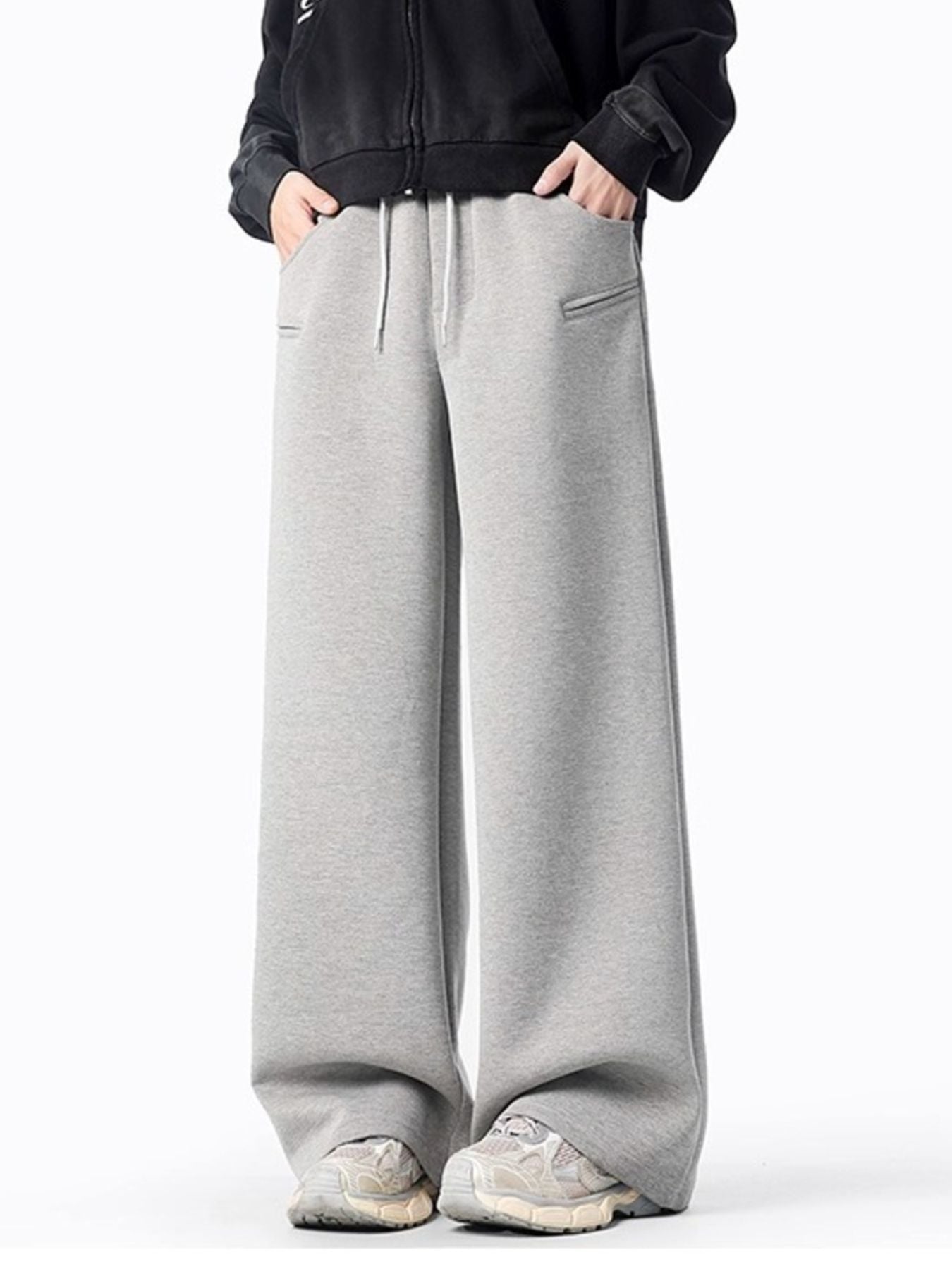 Gray casual wide-leg sweatpants with drawstring and pockets