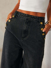 Dark wash wide-leg jeans with nautical button detail.