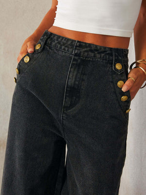 Dark wash wide-leg jeans with nautical button detail.