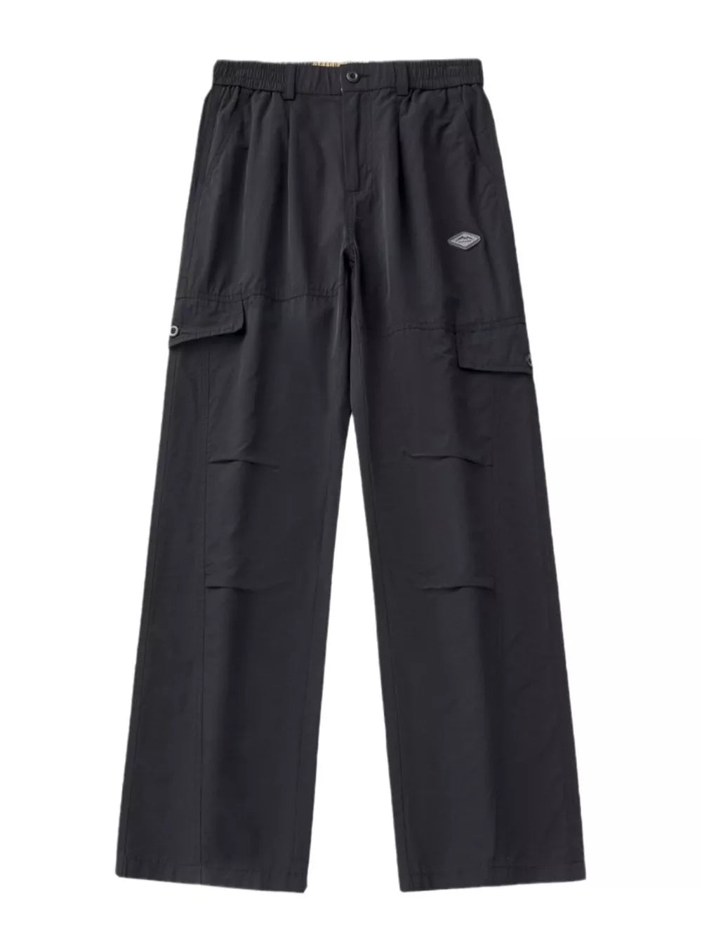Black oversized cargo pants with adjustable waist and multiple pockets.