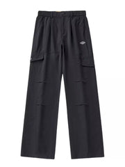 Black oversized cargo pants with adjustable waist and multiple pockets.