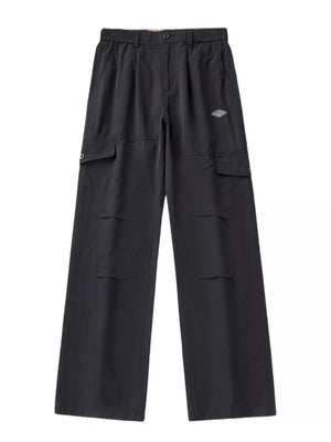 Black oversized cargo pants with adjustable waist and multiple pockets.